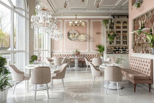 A modern cafe interior with pink walls and elegant white furniture © happy_finch