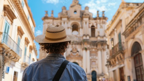 Traveler wearing a hat in front of Palazo Nicolaci in Noto, Sicily © Nicat