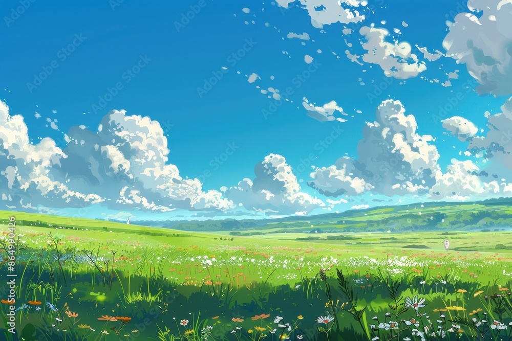 Fototapeta premium Grass Field landscape with blue sky and white cloud. Blue sky clouds sunny day wallpaper. Cartoon illustration of a Grass Field with blue sky in Summer. green field in a day.