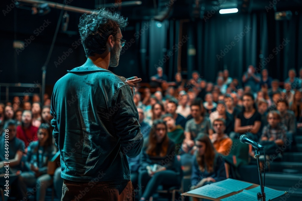 A man stands at a podium addressing a crowd with passion, A teacher giving a passionate speech in front of a school assembly A man stands at a podium addressing a crowd with passion, A teacher giving a passionate speech in front of a school assembly