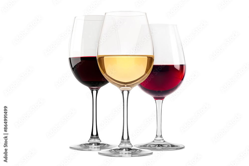 Set of red and white wine glasses isolated on white background. Rose wine splashing in glassware. Set of red and white wine glasses isolated on white background. Rose wine splashing in glassware.