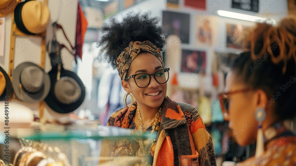 black woman in mid-20s with Afro shopping at music store, vibrant scene, '90s hip-hop fashion