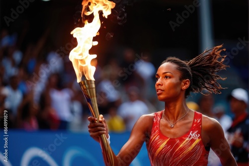 Athlete Carrying Olympic Torch in Stadium at Dusk