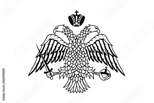 Wild double head eagle with spread wings and sword graphic Byzantine coat of arms flag vector illustration isolated. Eastern Roman Empire emblem banner. Greek orthodox church symbol.