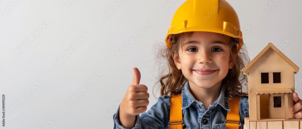 Smiling girl in a hardhat holding a model house and giving a thumbs up. Smiling girl in a hardhat holding a model house and giving a thumbs up.