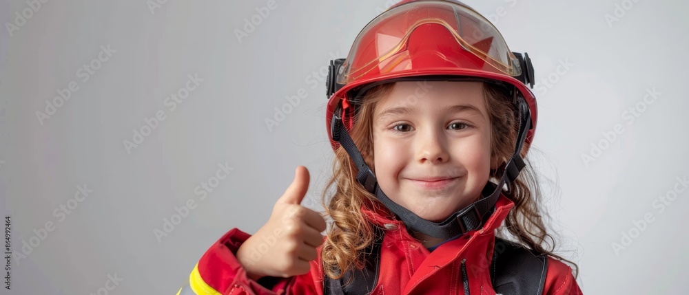 Young girl in firefighter gear gives thumbs up. Young girl in firefighter gear gives thumbs up.