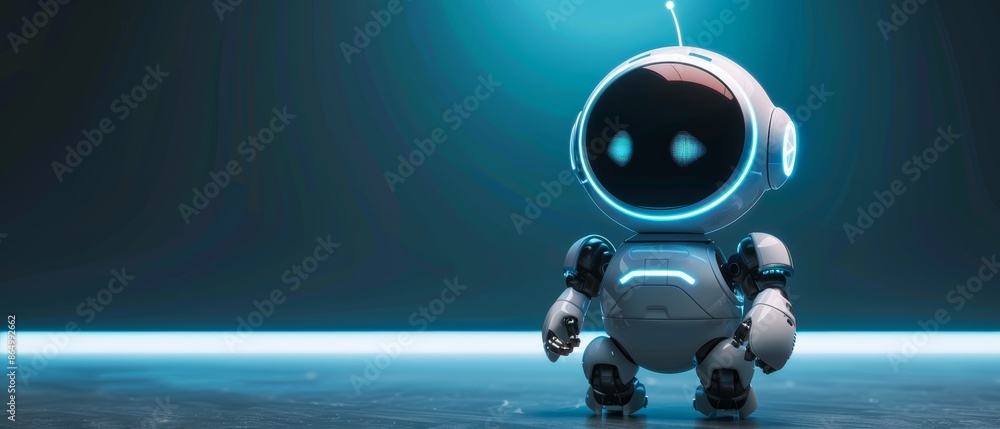 A futuristic robot with glowing blue eyes stands on a dark background. A futuristic robot with glowing blue eyes stands on a dark background.