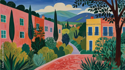 landscape with trees and flowers. flowers landscape. trees landscape. small town landscape painting. vibrant abstract landscape painting. landscape illustration. vilage landscape