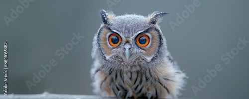 A small owl captured in a cute pose, showcasing its bright orange eyes, fluffiness, and delicate feathers against a calm, minimalist background. © gearstd