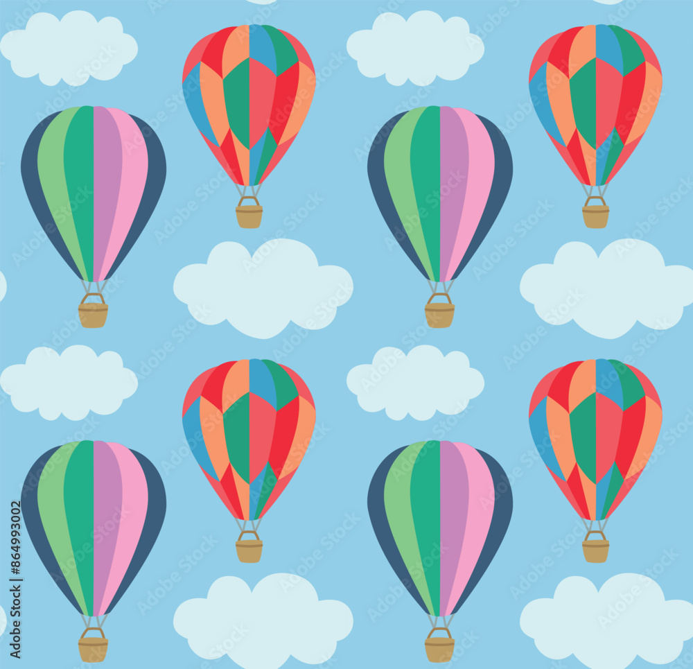 Naklejka premium Seamless pattern with colorful kites and clouds in the sky. Vector summer background in flat style 