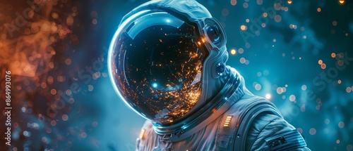 Astronaut in a reflective helmet against a starry backdrop. photo