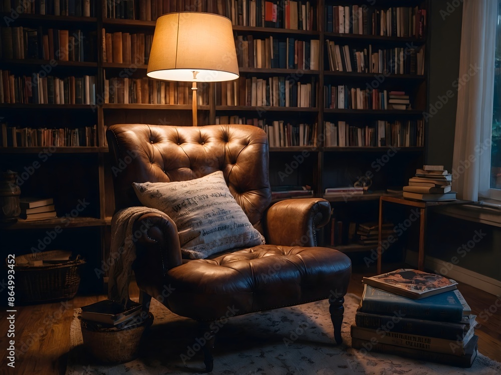 cozy reading nook with a stack of books, a comfortable chair, and soft lighting. cozy reading nook with a stack of books, a comfortable chair, and soft lighting.
