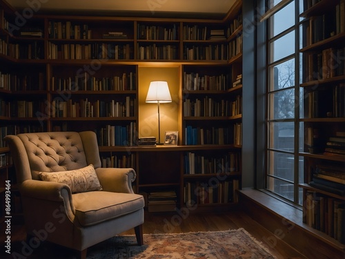 cozy reading nook with a stack of books, a comfortable chair, and soft lighting." © Mohammad