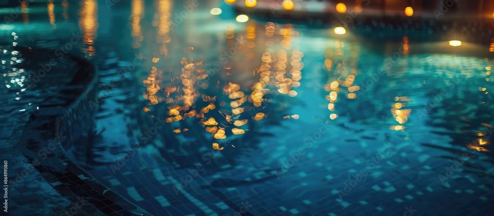 Obraz premium Top perspective of illuminated lights mirrored on water in a pool during nighttime