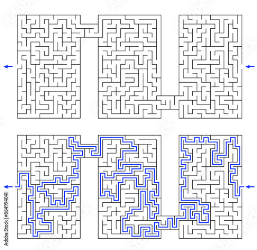 Vector labyrinth composed of 3 connected vertical rectangular mazes. Black and white riddle with entry and exit. Find the way through labyrinth puzzle. 