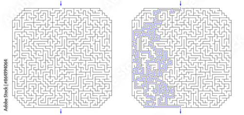Huge square labyrinth with cropped corners. Maze of high complexity with solution. Black and white hard riddle with high level of difficulty. Nice brainstorm puzzle