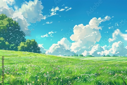 Beautiful scenery of a lush green field with a blue sky and white clouds in the background. Perfect for backgrounds, nature themes, or landscape design projects