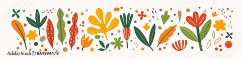 Multicolor floral pattern on a light background. Decorative leaves, fantastic flowers and buds. Botanical decorative tracery. Vector illustration in flat style.