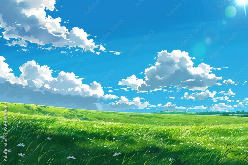 Fototapeta premium Beautiful green field with white flowers, blue sky and white clouds on a sunny day. Concept of nature, summer, spring, meadow, and landscape.
