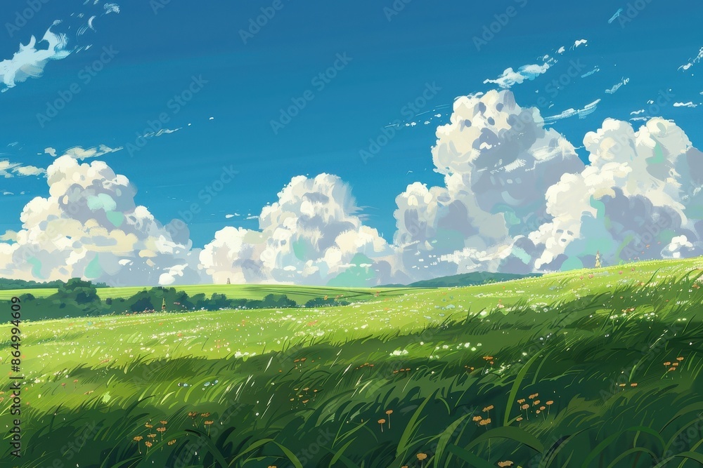 Fototapeta premium Stunning digital art illustration of a green meadow under a bright blue sky with fluffy white clouds. Concept of nature, peace, tranquility, and summer landscape.