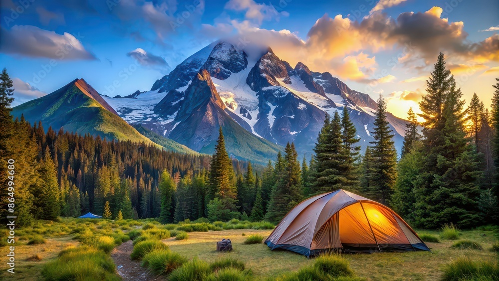 Camp site with a majestic mountain in the background, camping, nature, outdoors, adventure, wilderness, landscape Camp site with a majestic mountain in the background, camping, nature, outdoors, adventure, wilderness, landscape