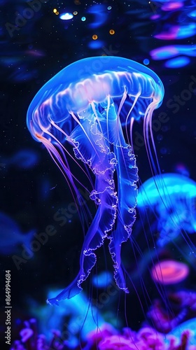 A single jellyfish swims in an aquarium, glowing blue under the water