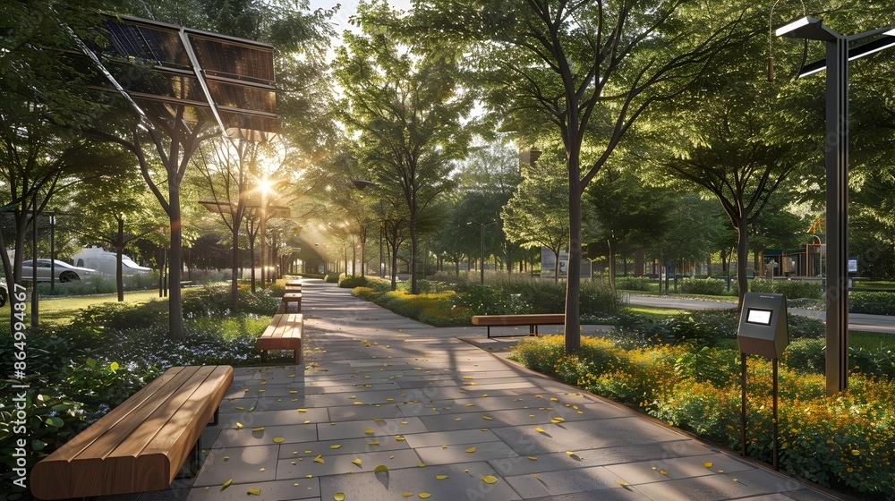 Obraz premium Sustainable Park with Solar Powered Lights and Electric Charging Benches in a Net Zero Green Public Space