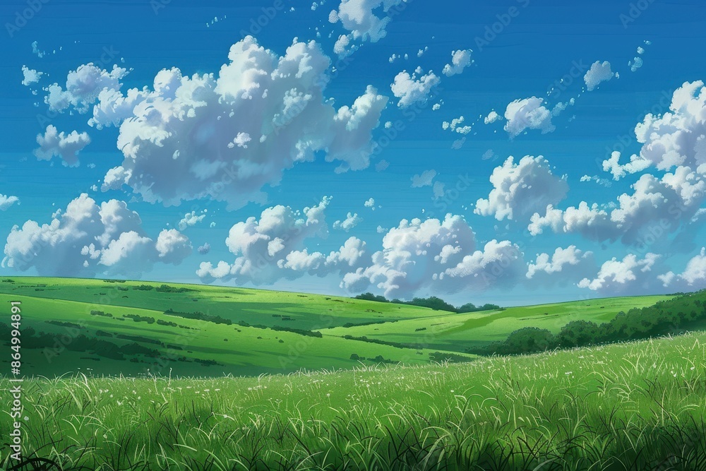 Naklejka premium Green grassy field with rolling hills and a beautiful blue sky with white clouds. Tranquil nature landscape with vibrant colors. Concept of peace, tranquility, relaxation, and natural beauty.