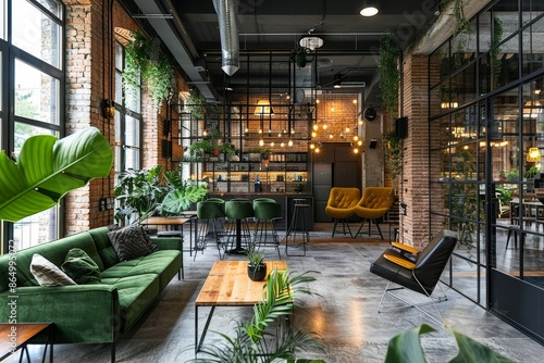A stylish coworking space featuring exposed brick walls, large windows, and lush greenery