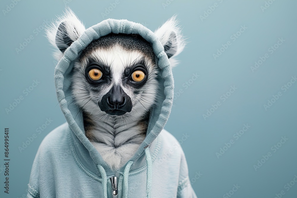 Lemur with an elegant gray hoody on a solid studio blue color background. Copy space for text. Cute cool exotic animal dressed fashion clothes, hood at head. Humor, summer. Funny creative concept Lemur with an elegant gray hoody on a solid studio blue color background. Copy space for text. Cute cool exotic animal dressed fashion clothes, hood at head. Humor, summer. Funny creative concept