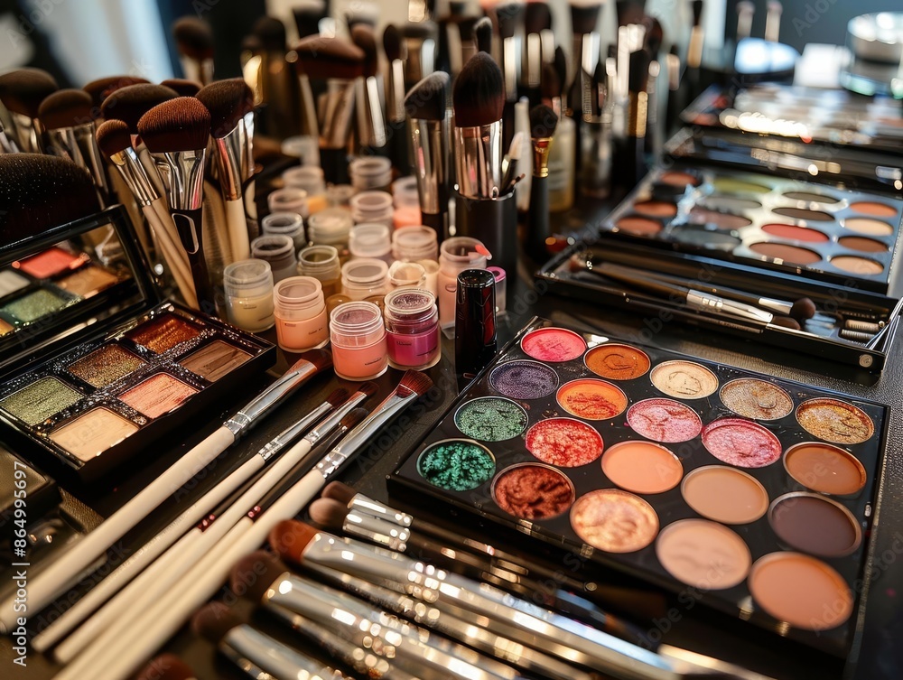 Makeup kits laid out on tables, makeup workshop, tools of the trade Makeup kits laid out on tables, makeup workshop, tools of the trade