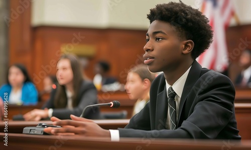 African American high school boy testifying in court, wearing formal attire, speaking into microphones with attentive students around him