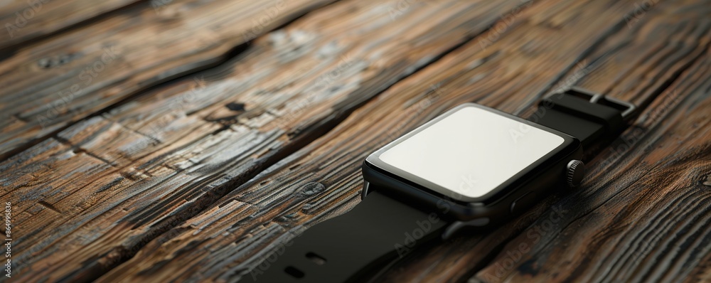A modern smartwatch with a blank screen on a wooden surface, perfect for adding text and branding. A modern smartwatch with a blank screen on a wooden surface, perfect for adding text and branding.