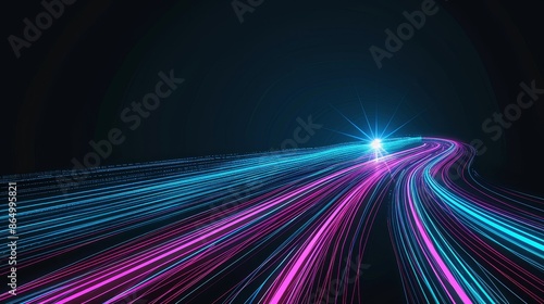 Vibrant streams of blue, purple, and pink light trails curve upward against dark background. Bright focal point ahead suggests destination. 