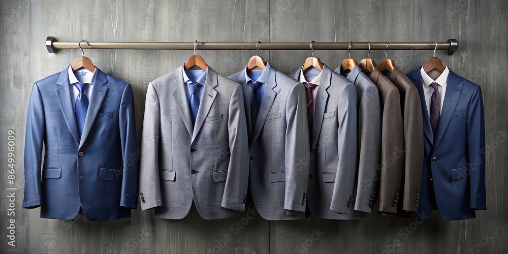Neatly displayed personalized suits on hooks along a wall , tailoring, fashion, men's clothing, formalwear, style, custom made Neatly displayed personalized suits on hooks along a wall , tailoring, fashion, men's clothing, formalwear, style, custom made