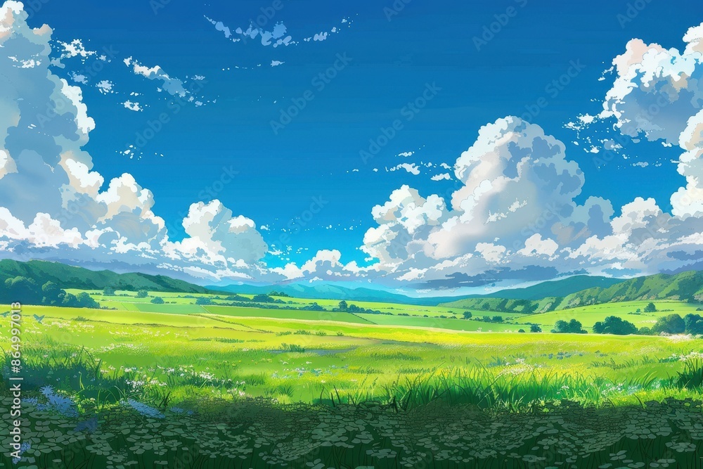 Obraz premium Beautiful green field with a blue sky and white clouds. Summer nature scene with lush grass, mountains and clouds. Concept of freedom, adventure, and nature.