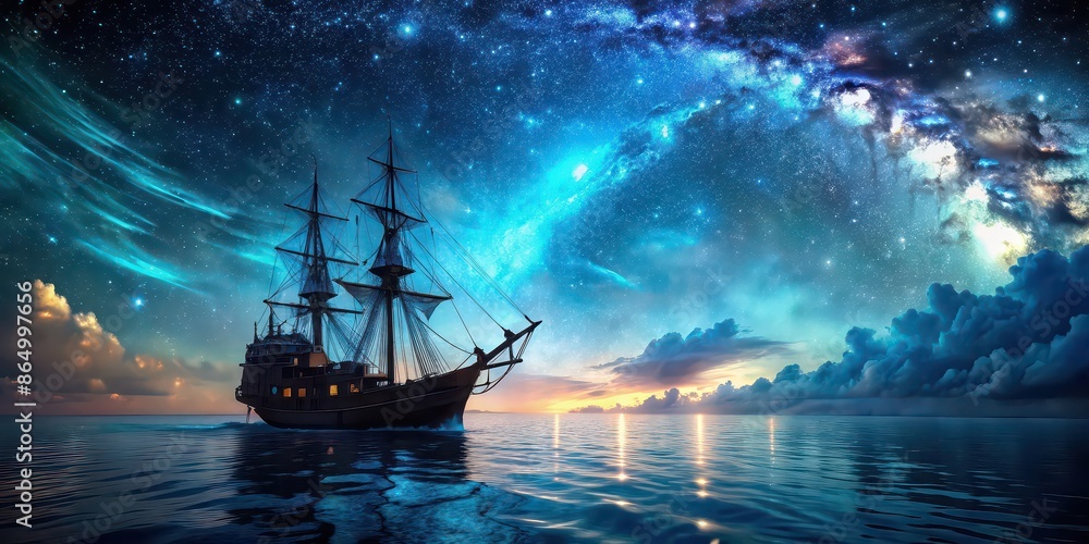 Pirate ship sailing into a bioluminescent sea under a galaxy-filled sky, pirate ship, sailing, bioluminescence, sea Pirate ship sailing into a bioluminescent sea under a galaxy-filled sky, pirate ship, sailing, bioluminescence, sea