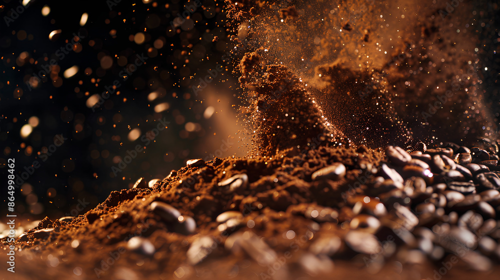 Explosion splash of ground coffee or cocoa powder with freeze isolated on background, pile of splatter of coffee grind dust powder, brown shattered beans Explosion splash of ground coffee or cocoa powder with freeze isolated on background, pile of splatter of coffee grind dust powder, brown shattered beans