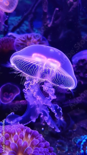 A close-up photo of a purple jellyfish swimming in an aquarium tank