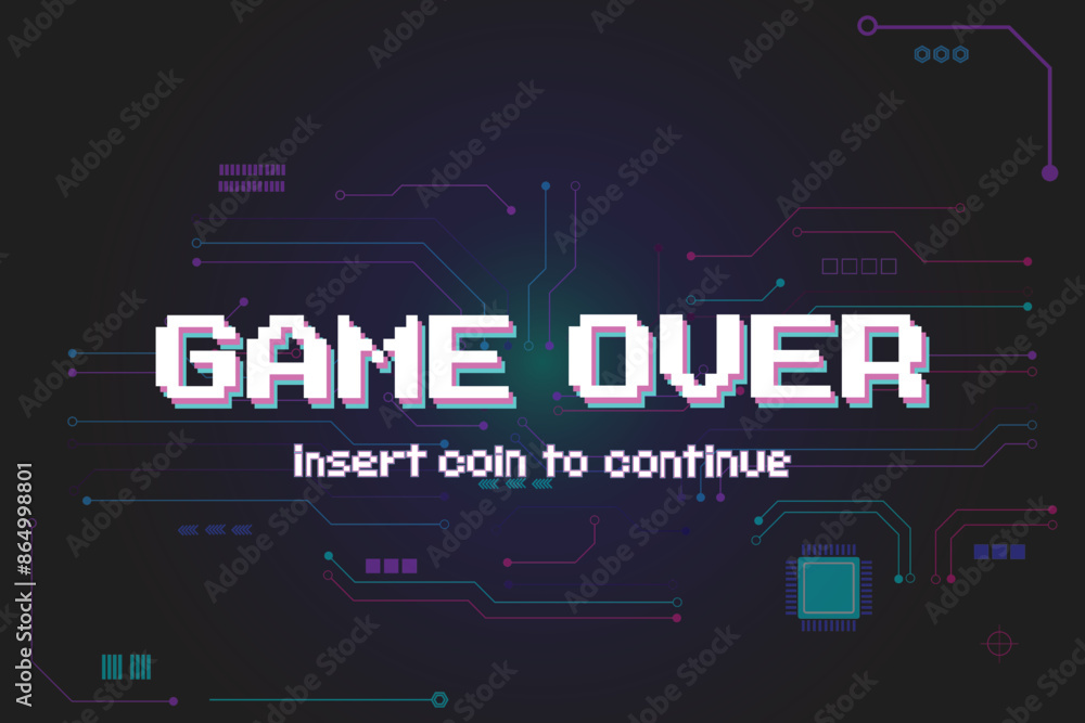 GAME OVER .pixel art .8 bit game. retro game. for game assets in vector illustrations. Retro Futurism Sci-Fi Background. glowing neon grid. and stars. GAME OVER .pixel art .8 bit game. retro game. for game assets in vector illustrations. Retro Futurism Sci-Fi Background. glowing neon grid. and stars.