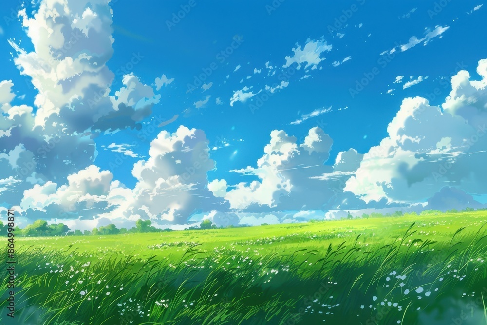 Fototapeta premium Beautiful landscape of green grass meadow and a blue sky with fluffy white clouds. Perfect for nature, scenery, and outdoor photography
