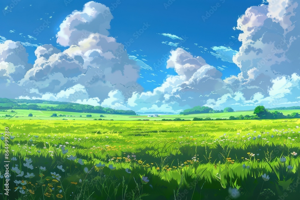 Fototapeta premium Beautiful Summer Landscape with Green Grass, Blue Sky, and White Clouds. Perfect for Nature Backgrounds, Environmental Themes, or Travel and Vacation Content.