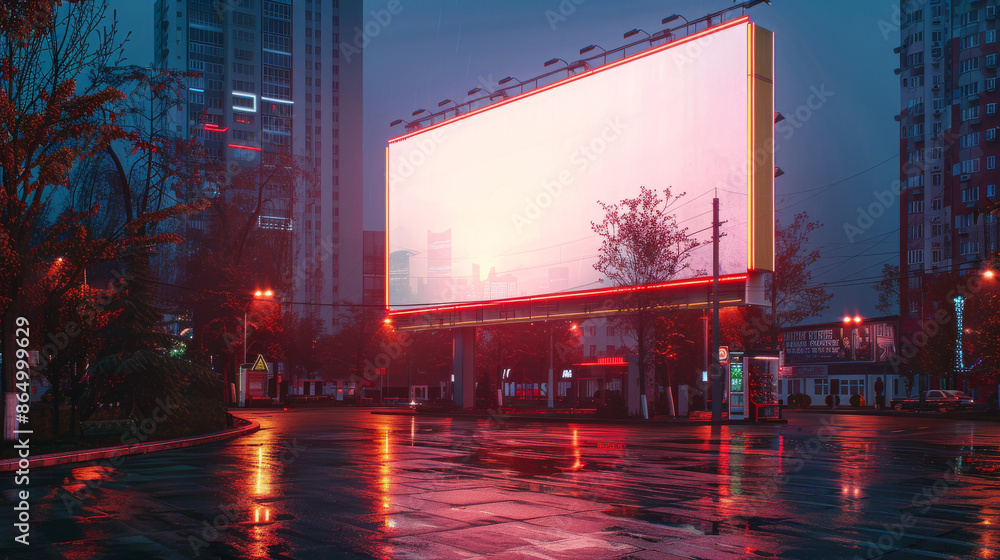 Nighttime City Square with White Billboard Nighttime City Square with White Billboard