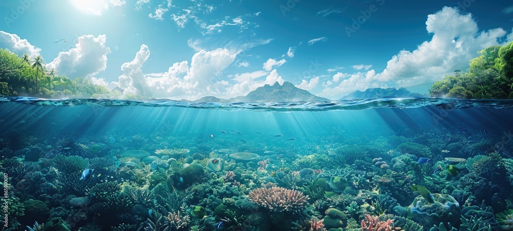 Environmental protection background, half of earth underwater sea