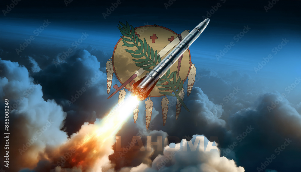 Obraz premium A rocket soars towards the heavens, embodying the spirit of Oklahoma innovation and the pursuit of space exploration
