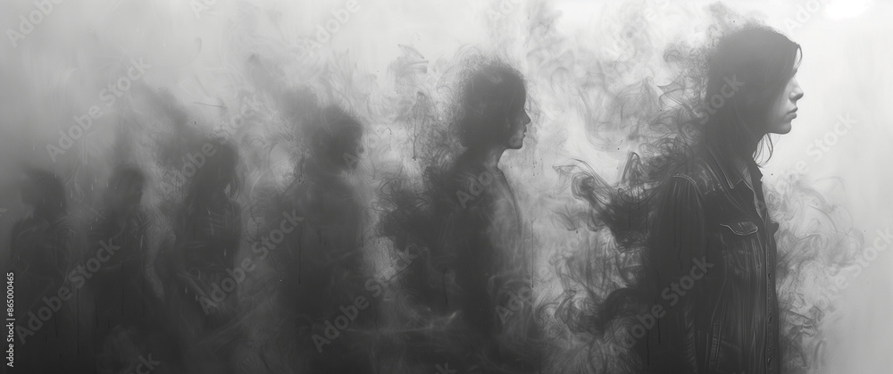 A collection of haunting and surreal images featuring ethereal, smoky figures and wisps of smoke blending with human forms. These abstract visuals evoke a sense of mystery and introspection, making th A collection of haunting and surreal images featuring ethereal, smoky figures and wisps of smoke blending with human forms. These abstract visuals evoke a sense of mystery and introspection, making th
