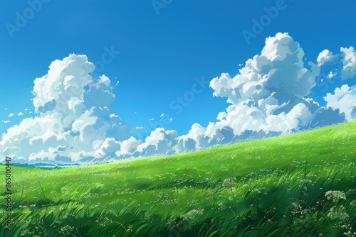 Beautiful green field with white clouds in a clear blue sky. Lush grass field in front of a bright summer sky. Concept of serenity, peace, tranquility and nature.