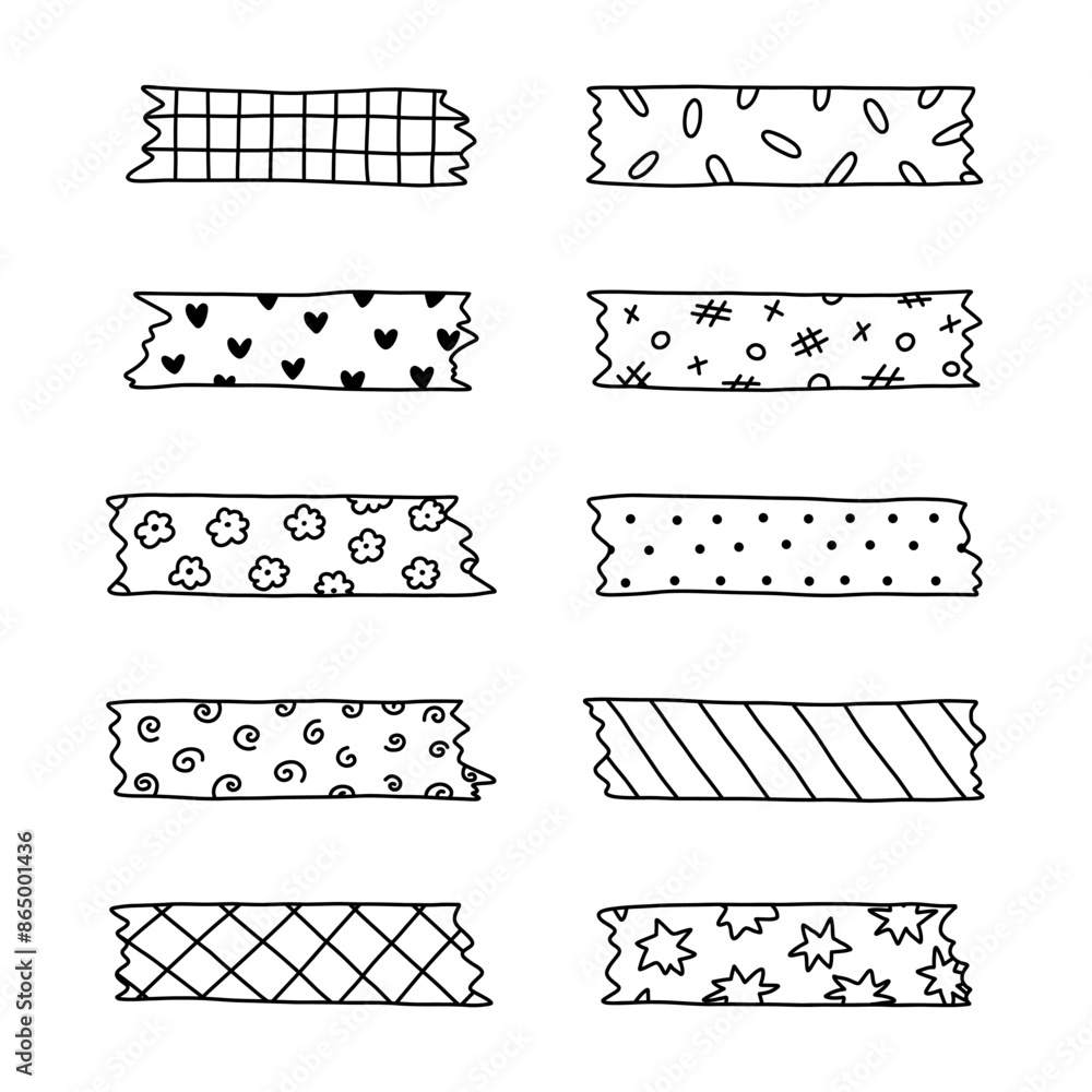 Obraz premium Doodle set of washi tape stripes with squiggle, geometry and cute pattern. Adhesive tape with black and white ornament. Trendy decorative scotch tape with ragged edges for scrapbook, planner, design.