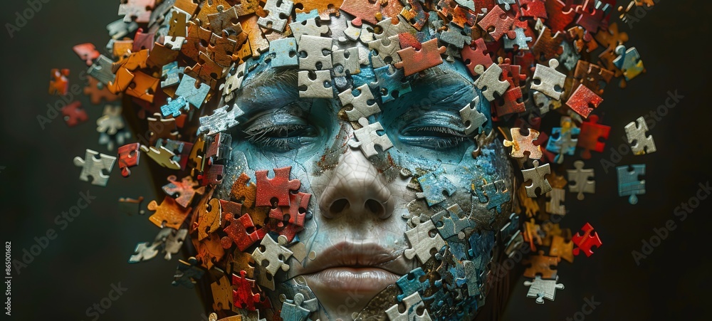 A puzzle head with a blue face and red hair. The puzzle pieces are scattered all over the face A puzzle head with a blue face and red hair. The puzzle pieces are scattered all over the face