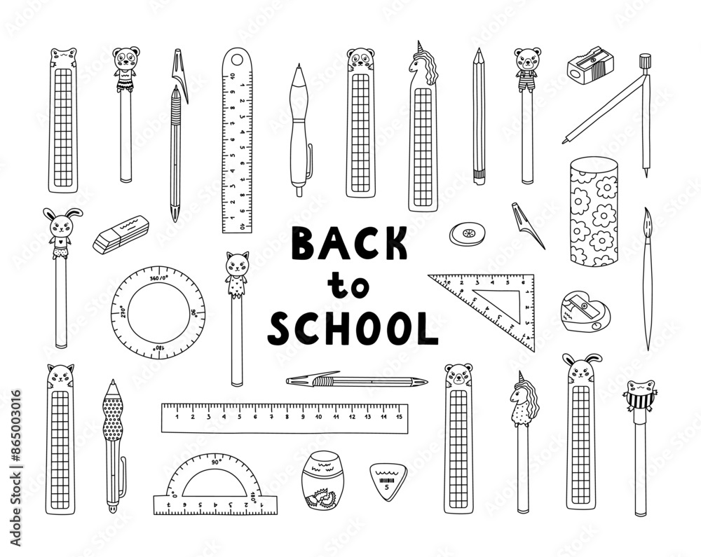 Obraz premium Big doodle set of cute back to school stationery with hand drawn outline. Collection of rulers, protractor, erasers, sharpeners, ballpoint pen, pencil, bookmark. School supply for study, draw, work